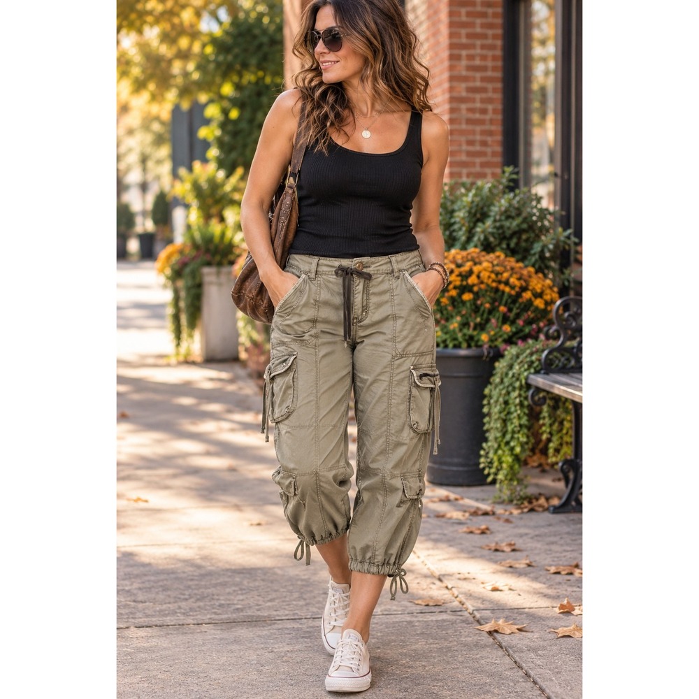 Steve & Barry's Womens 8 Y2K Cargo Pants Olive Utility Drawstring Pocket Gorpcor